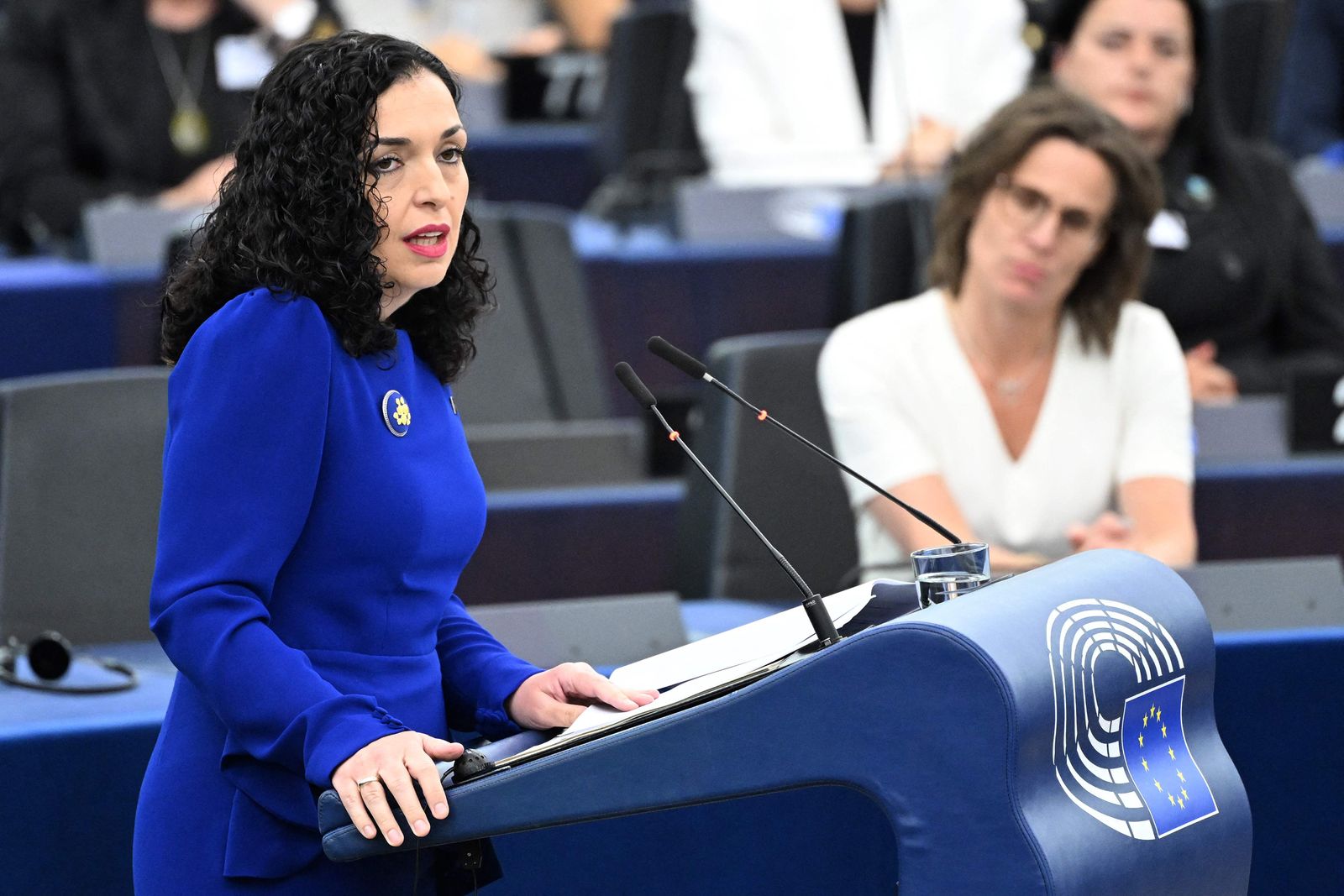 Kosovo president Vjosa Osmani addresse's MEPs in a formal sitting during a plenary session at the European Parliament in Strasbourg, eastern France, on June 13, 2023. (Photo by FREDERICK FLORIN / AFP)