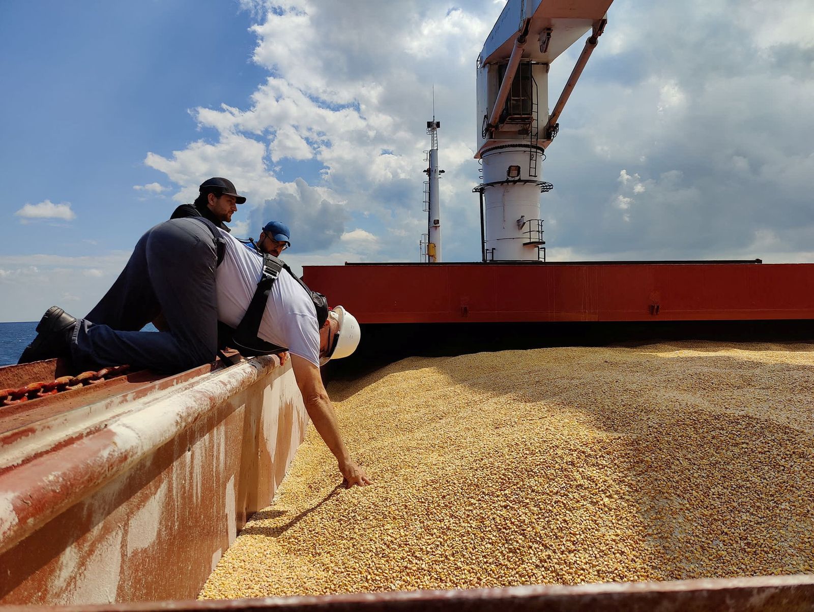 The JCC officials onboard Sierra Leone-flagged cargo ship Razoni, carrying Ukrainian grain, during an inspection in the Black Sea - via REUTERS