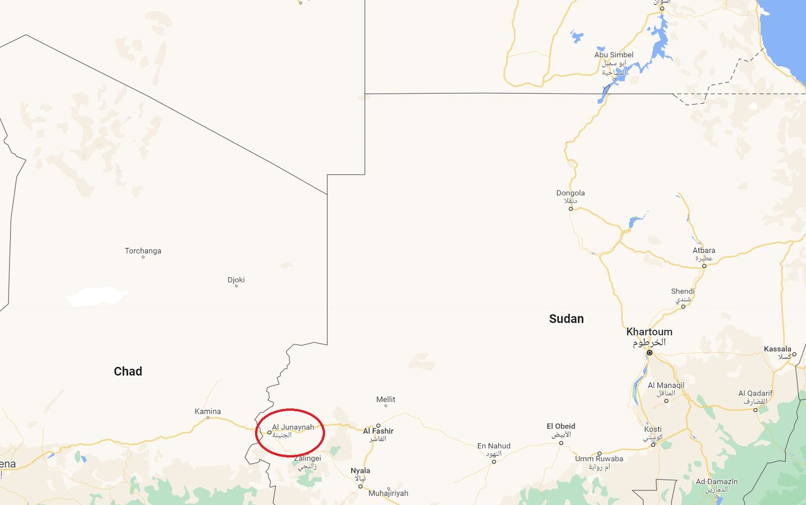 الدائرة الحمراء تشير إلى موقع ولاية الجنينة بغرب دارفور على الحدود مع تشاد - Google Maps