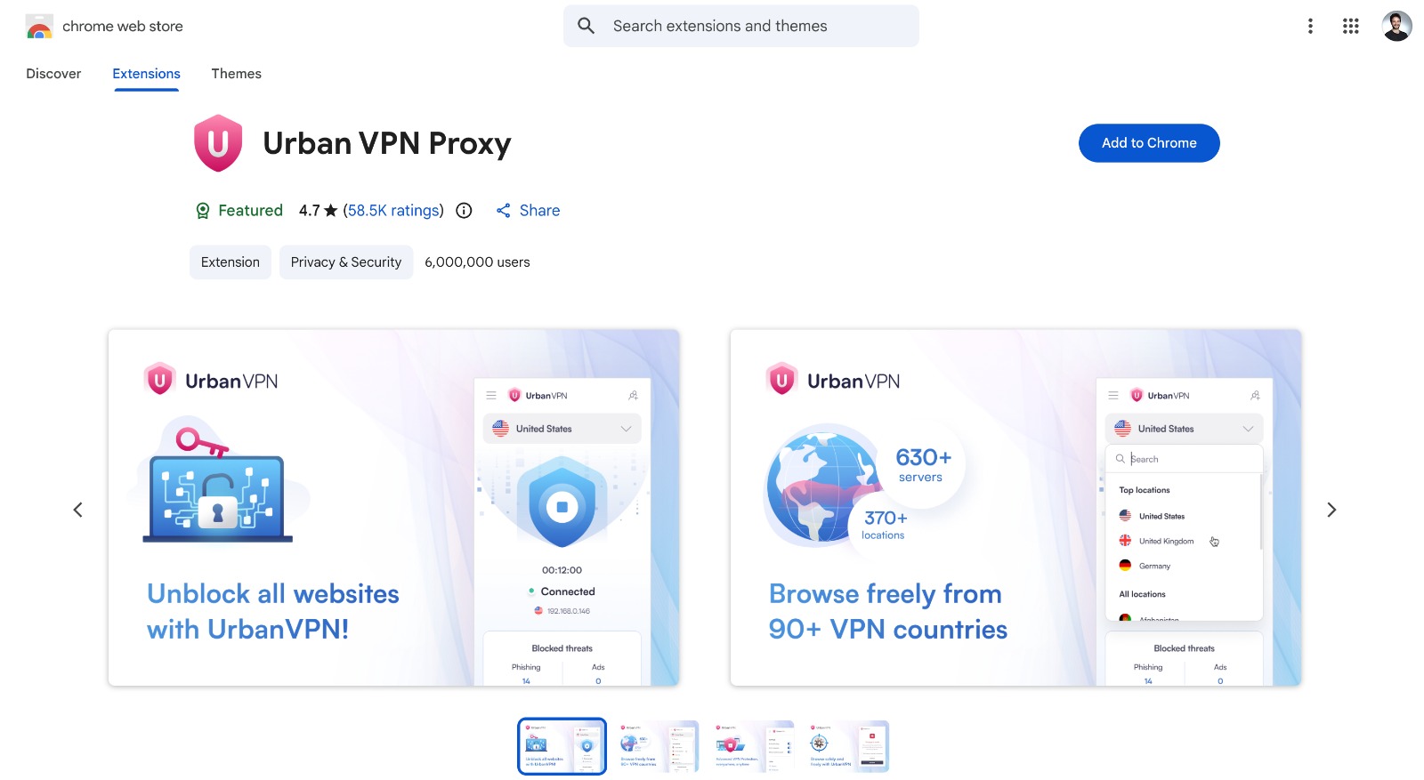 صفحة إضافة Urban VPN Proxy على متجر كروم للإضافات