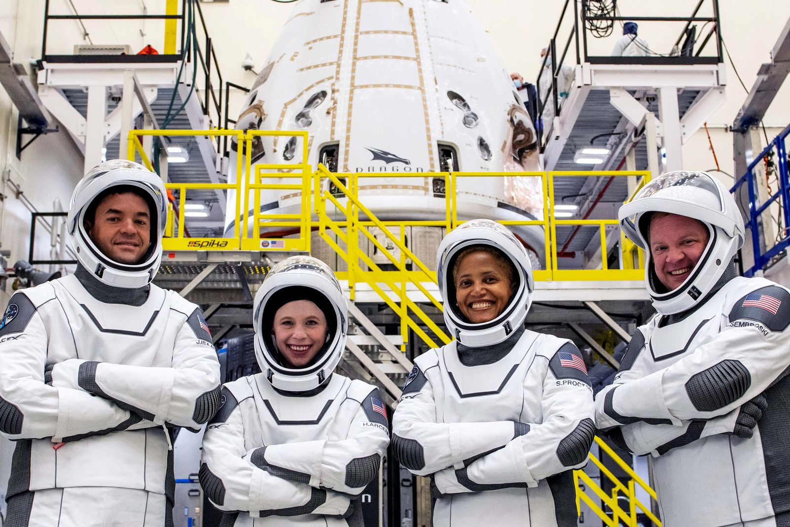 The Inspiration4 crew of Chris Sembroski, Sian Proctor, Jared Isaacman and Hayley Arceneaux poses while suited up - via REUTERS