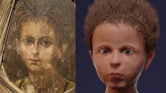 مقارنة بين وجه الطفل وفق تصور العلماء مع ملامح الصورة الأصلية التي عُثر عليها فوق التابوت - PLOS ONE