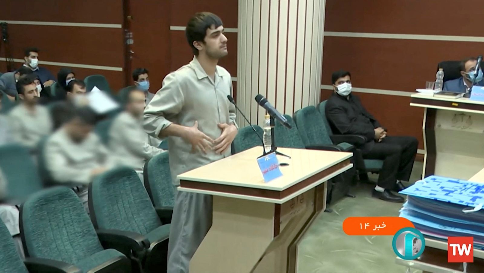Mohammad-Mehdi Karami speaks in a courtroom before being executed by hanging, along with Seyyed Mohammad Hosseini, for allegedly killing a member of the security forces during nationwide protests that followed the death of 22-year-old Kurdish Iranian woman Mahsa Amini, in Tehran, Iran January 7, 2023 in this still image obtained from a video by WANA (West Asia News Agency)/Handout via REUTERS   ATTENTION EDITORS - THIS PICTURE WAS PROVIDED BY A THIRD PARTY - via REUTERS
