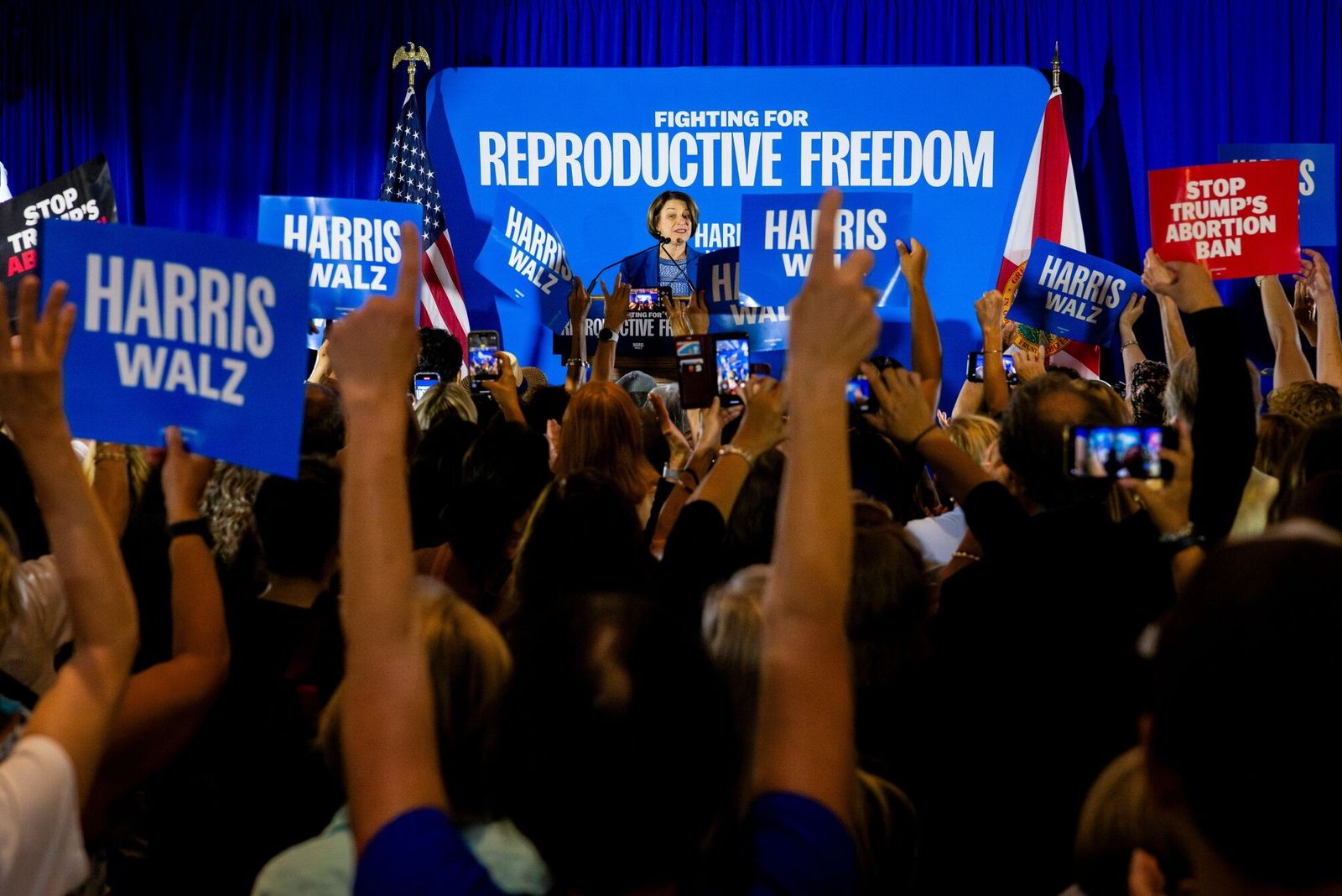 Senator Amy Klobuchar, a Democrat from Minnesota, speaks during the kickoff of the Harris-Walz campaign reproductive rights bus tour in Boynton Beach, Florida, US, on Tuesday, Sept. 3, 2024. US Vice President Kamala Harris, who's energized Democratic donors since emerging atop her party's ticket, is moving $24.5 million down ballot to help candidates in Senate, House and state races, according to a person familiar with the campaign's plans. Photographer: Eva Marie Uzcategui/Bloomberg