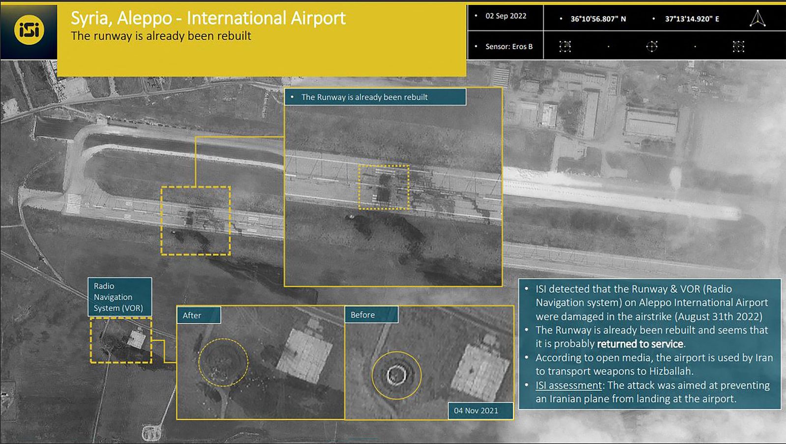 A handout picture released by ImageSat International (ISI) on September 2, 2022 shows a satellite image depicting the damage at Aleppo airport in northern Syria following several Israeli strikes on August 31. (Photo by ImageSat International (ISI) / AFP) / == RESTRICTED TO EDITORIAL USE - MANDATORY CREDIT 