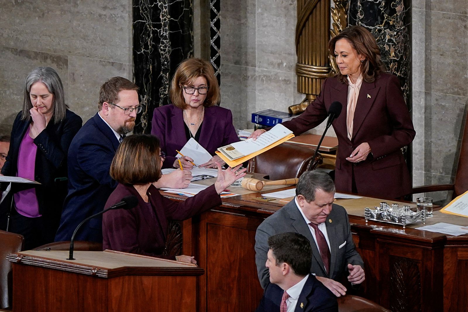 U.S. Vice President Kamala Harris attends a joint session of Congress to certify Donald Trump's election, at the U.S. Capitol in Washington, U.S. January 6, 2025. REUTERS/Elizabeth Frantz