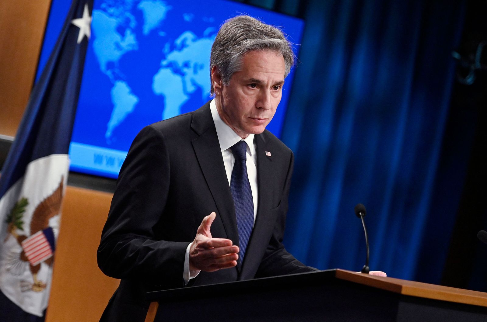 US Secretary of State Antony Blinken speaks during a press conference at the State Department in Washington, DC, on July 27, 2022. - Secretary of State Antony Blinken said Wednesday that the United States has put forward a 