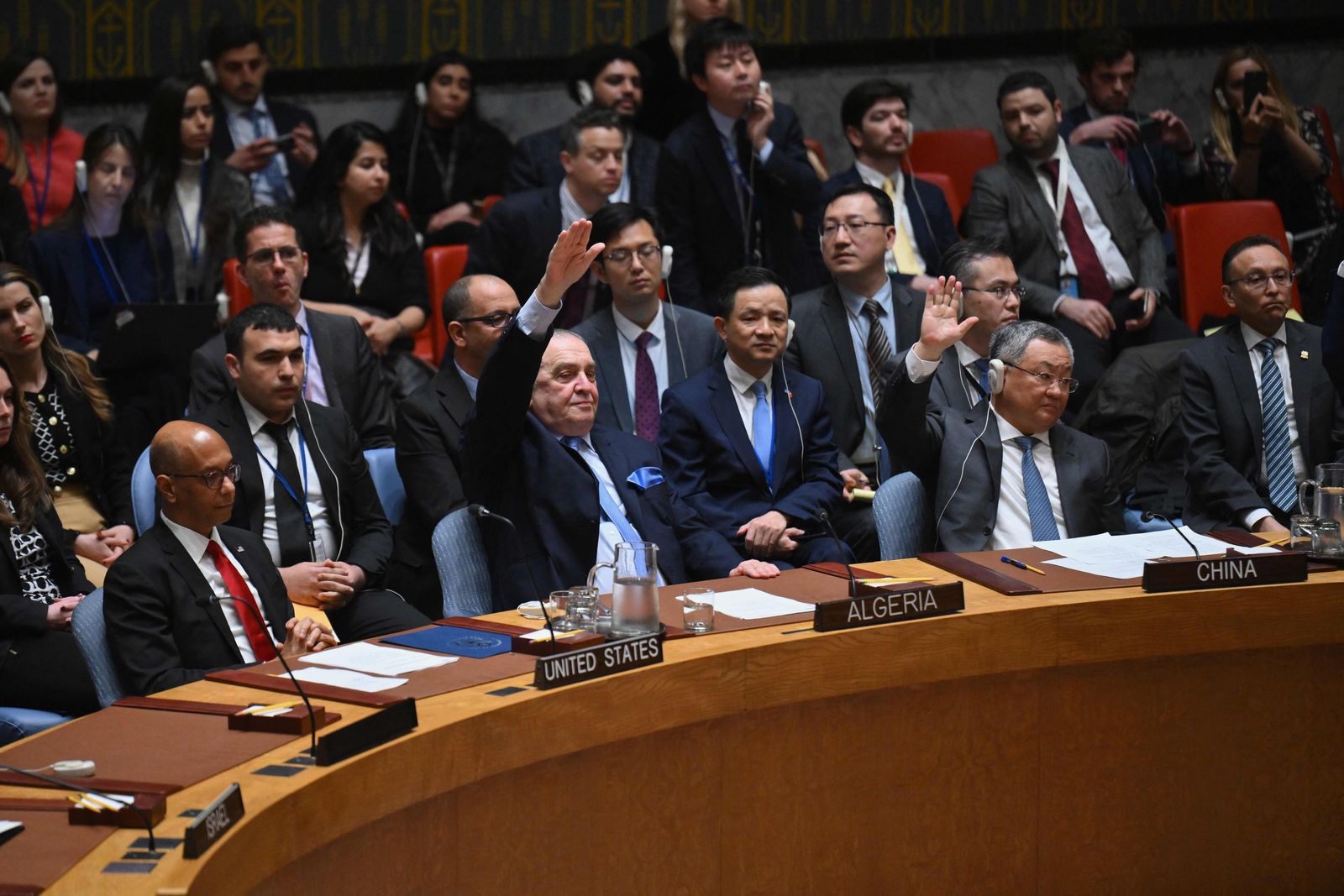 The UN Security Council votes on a resolution allowing Palestinian UN membership at United Nations headquarters in New York, on April 18, 2024, during a United Nations Security Council meeting on the situation in the Middle East, including the Palestinian question. The United States vetoed a Security Council measure on a Palestinian bid for full United Nations membership. The draft resolution, which was introduced by Algeria and 'recommends to the General Assembly that the State of Palestine be admitted to membership of the United Nations,' received 12 votes in favor, two abstentions and one against. (Photo by ANGELA WEISS / AFP)