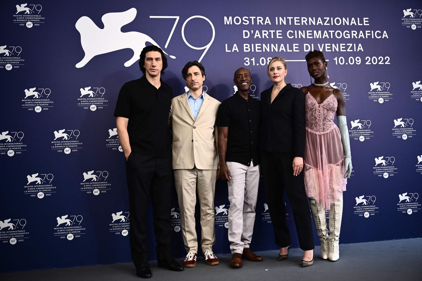 (From L) US actor Adam Driver, US director Noah Baumbach, US actor Don Cheadle, US actress Greta Gerwig and British actress Jodie Turner-Smith pose on August 31, 2022, during a photocall for the film 
