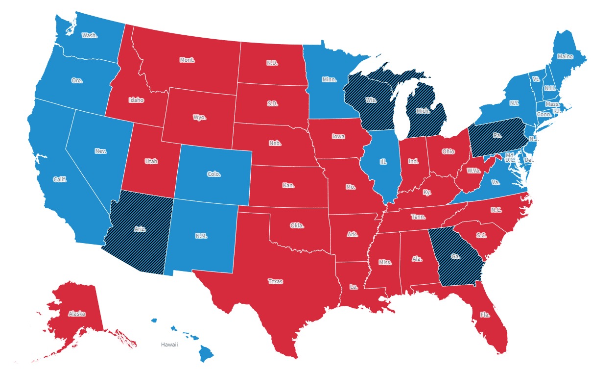 الخريطة الانتخابية لعام 2020 في الولايات المتحدة وتظهر الولايات التي فاز بها جو بايدن والولايات التي فاز بها دونالد ترمب