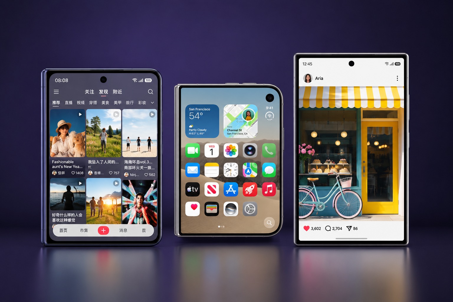 هاتف سامسونج جلاكسي زد فولد 8 (إلى اليمين) وهاتف iPhone Duo (في المنتصف) وهاتف هواوي Pura X Max (إلى اليسار) - Asharq