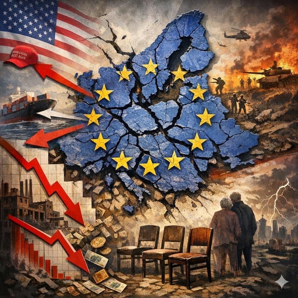 صورة منتجة بالذكاء الاصطناعي تعبر عن التحديات التي تواجه الاتحاد الأوروبي في العام 2026. 25 ديسمبر 2025