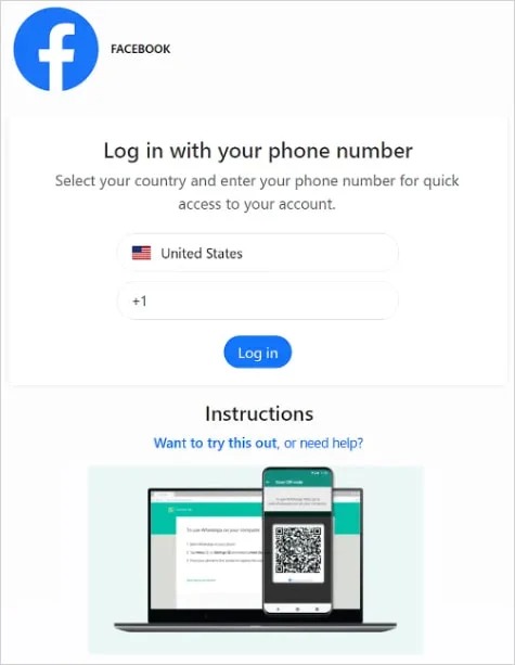 لقطة من الشاشة المزيفة لتسجيل الدخول إلى فيسبوك التي يستخدمها منفذو هجوم GhostPairing السيبراني لسرقة حسابات واتساب
