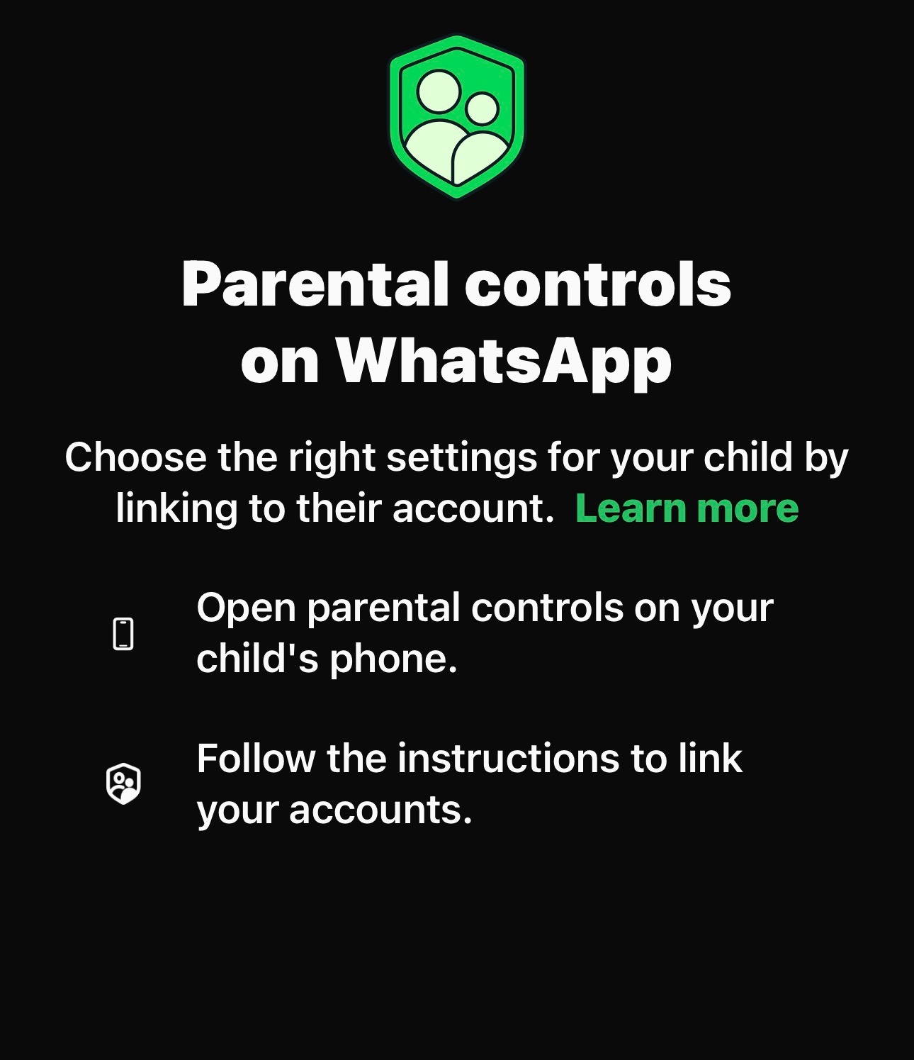 لقطة للشاشة توضح ميزة الرقابة الأبوية Parental Controls الجديدة من واتساب على هواتف آيفون - Asharq