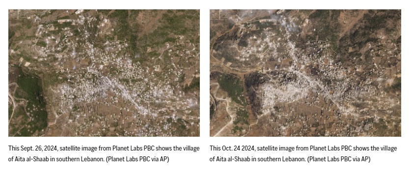 صورة التقطت بواسطة الأقمار الاصطناعية تظهر حجم الدمار في قرية عيتا الشعب جنوب لبنان بين سبتمبر وأكتوبر الماضيين. 2 نوفمبر 2024" width="455" height="199
