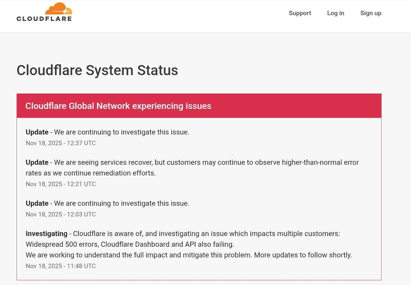 لقطة من صفحة حالة خدمات كلاود فير من منصتها الرسمية