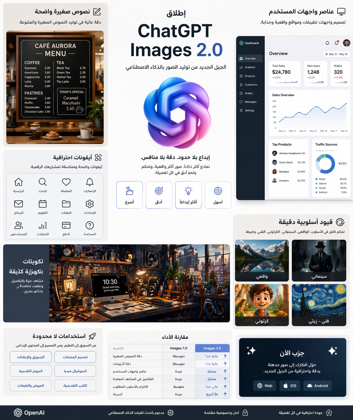 صورة منشأة بنموذج ChatGPT Images 2.0 الجديد للتعبير عن قدرة النموذج الجديد على التعامل مع العناصر الصغيرة والأيقونات التصميمية والنصوص الصغيرة بدقة فائقة - Asharq