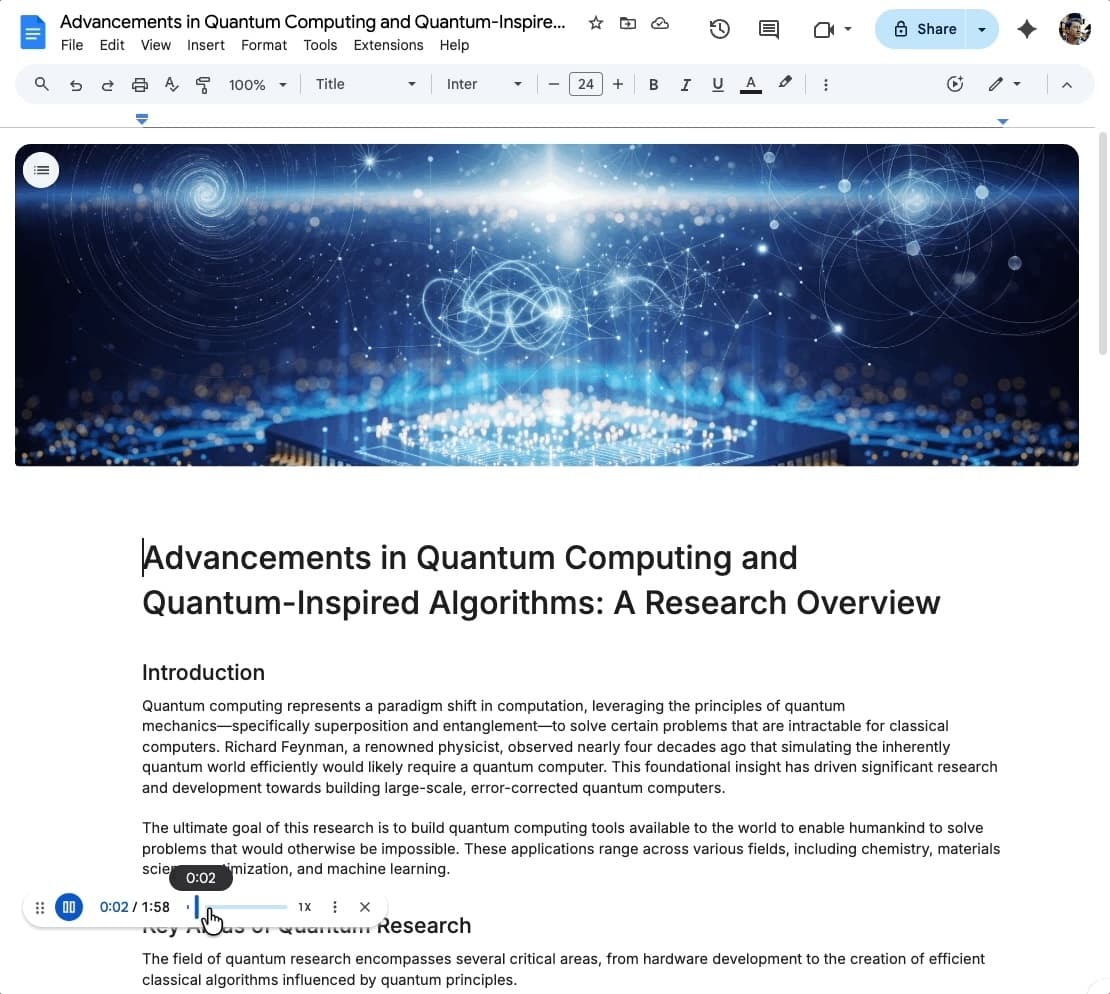 ميزة الملخص الصوتي داخل خدمة Google Docs لتحرير المستندات - Google