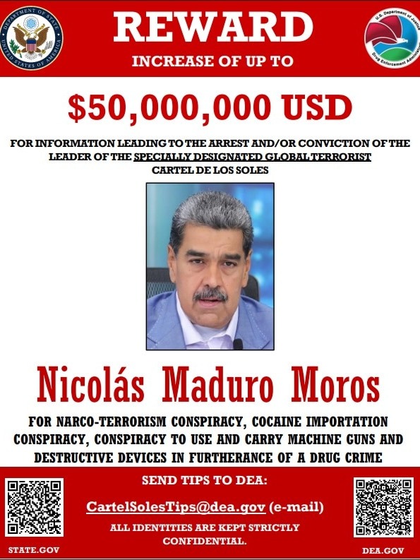 إعلان وزارة الخارجية الأميركية رفع مكافأتها للحصول على معلومات قد تؤدي إلى اعتقال الرئيس الفنزويلي نيكولاس مادورو إلى 50 مليون دولار