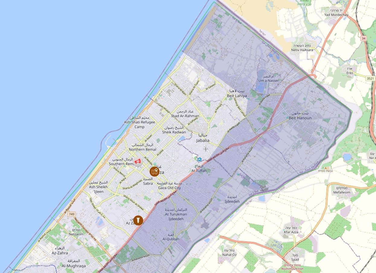 خريطة ترصد التطورات الأمنية والميدانية في أحياء مدينة غزة واختراق إسرائيل للخط الأصفر في حي التفاح - المصدر: israelpalestine.liveuamap.com
