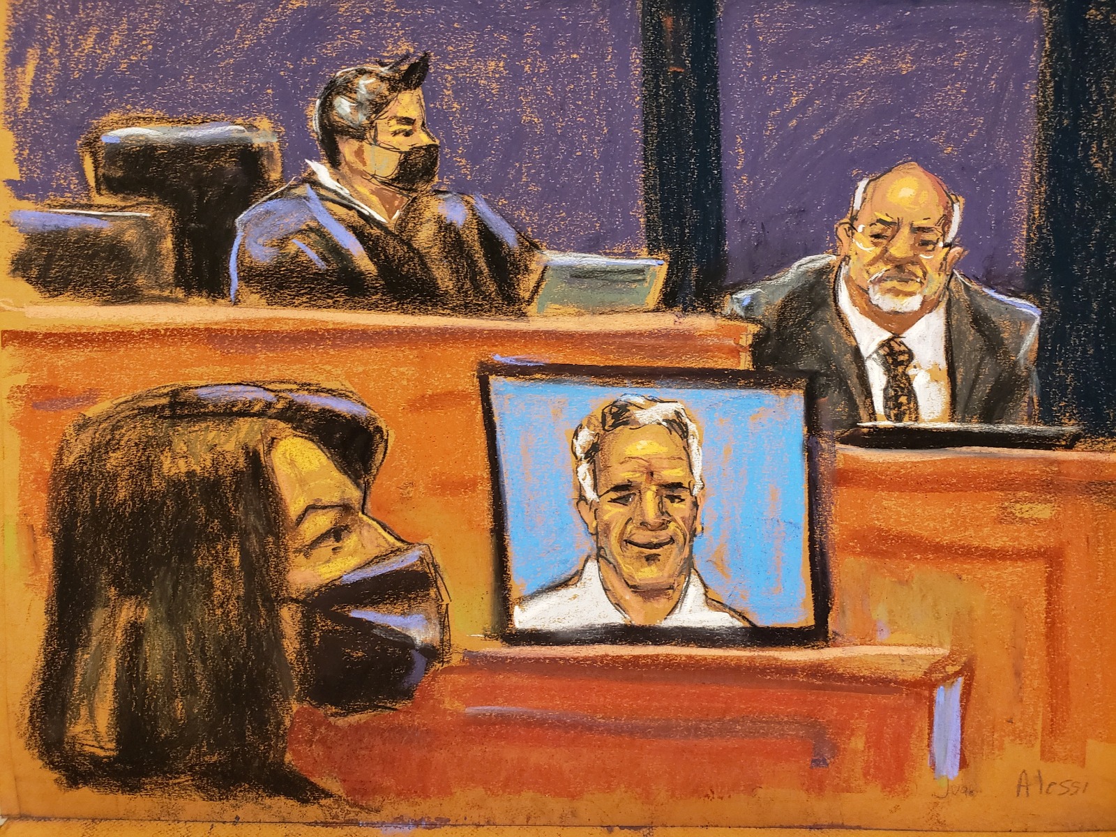 رسم تعبيري لمحاكمة البريطانية جيسلين ماكسويل شريكة الملياردير الأميركي جيفري إبستين في جرائم الاتجار بالجنس في نيويورك- 16 ديسمبر 2021