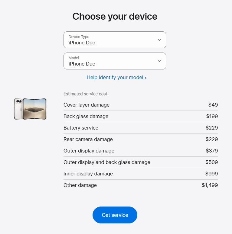 لقطة شاشة من موقع أبل توضح تكلفة إصلاح هاتفها iPhone Duo القابل للطي لغير المشتركين في برنامج AppleCare+- أبل