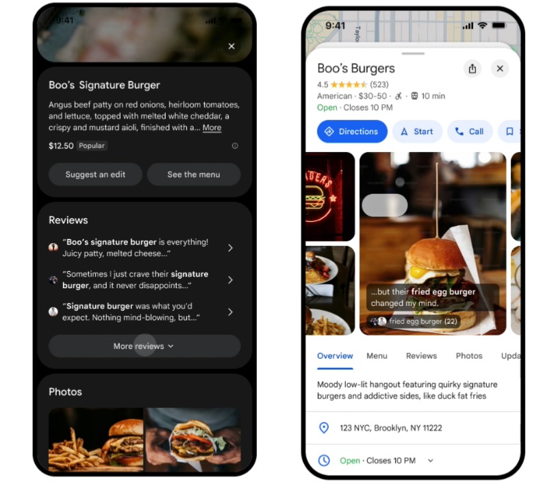 جوجل تستخدم الذكاء الاصطناعي لتقديم ملخص سريع حول التجارب السابقة لرواد المطاعم وأفضل الأطباق وقائمة الأسعار على خرائط مابس
