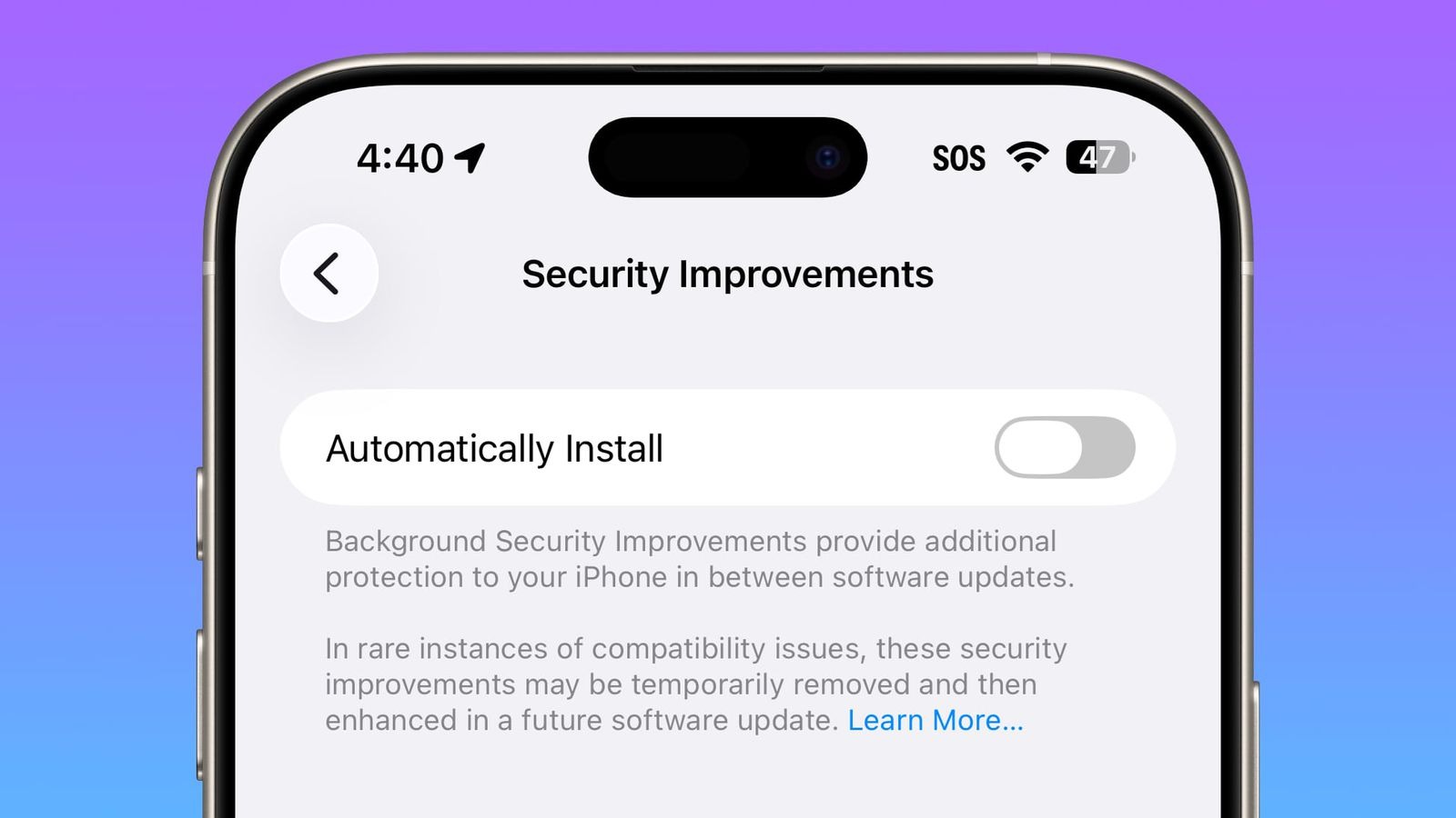 ميزة تفعيل الوصول التلقائي للتحديثات الأمنية لهواتف آيفون مع iOS 26.1