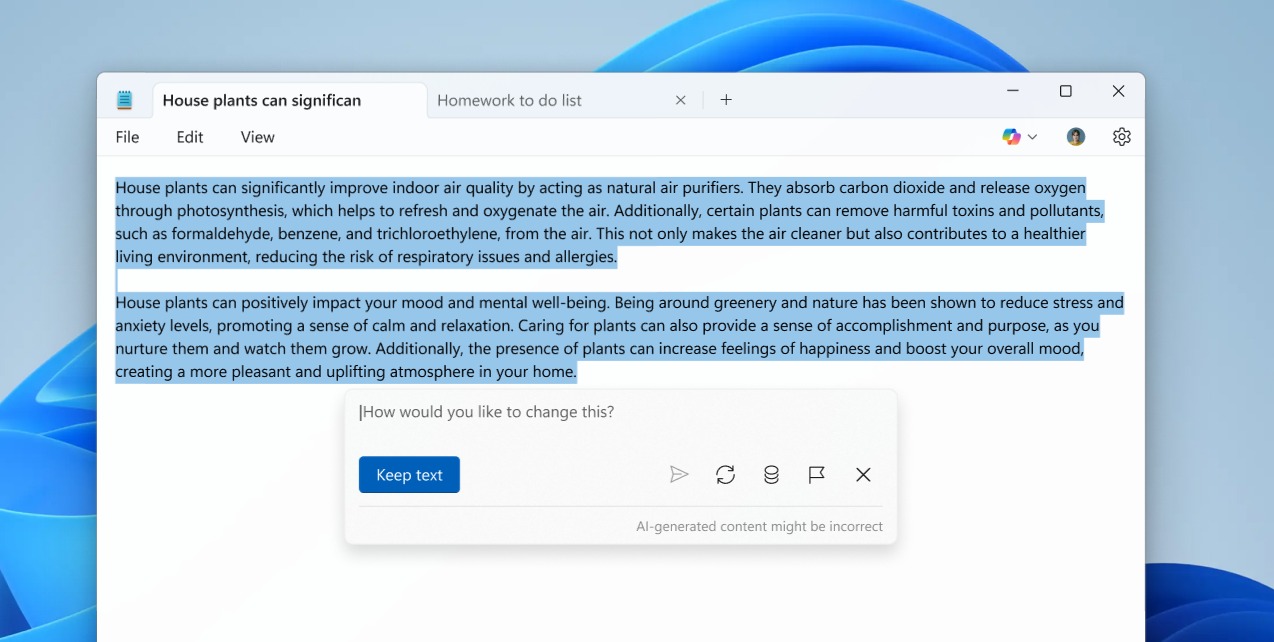 مايكروسوفت تضيف ميزة لإنشاء النصوص عبر الأوامر النصية من خلال تطبيق التدوين Notepad على ويندوز 11